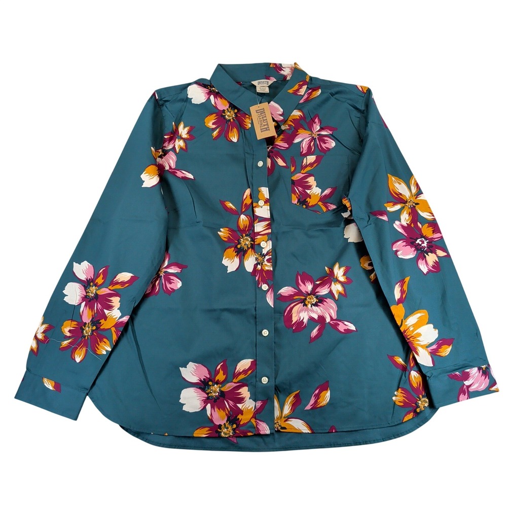 Duluth Trading Co Womens XXL Wrinklefighter Floral Button Up Shirt Teal Pink